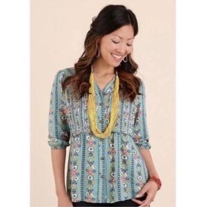 Matilda Jane Muse Green Floral Button Up Top Size Medium Boho Chic